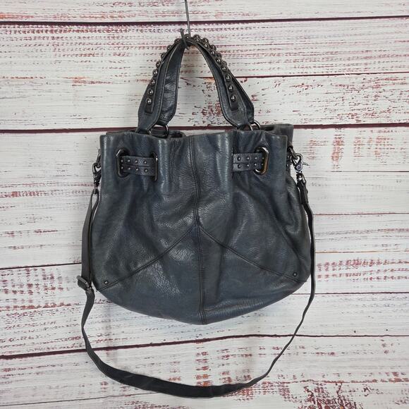Banana Republic Dark Gray/Blue Genuine Leather Studded Dual Handle Crossbody Bag - Picture 1 of 12